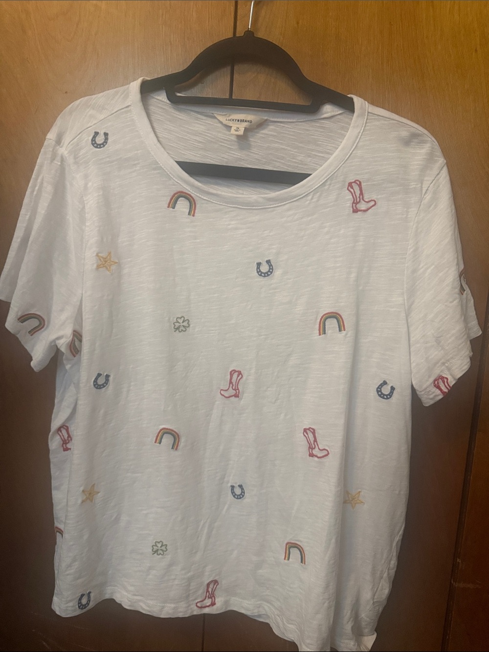 Lucky Brand White Tee with Multicolor Western Embroidery